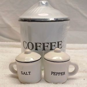 Metal Coffee Container And Ceramic Salt & Pepper Shakers Bundle.